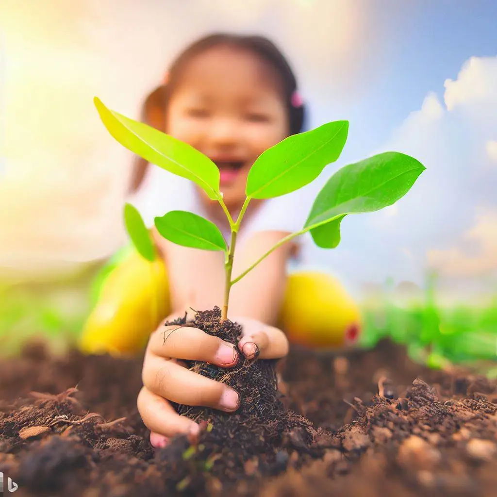 Imagem feita por Inteligência artificial com os direcionamentos  “criança feliz plantando um pé de árvore”